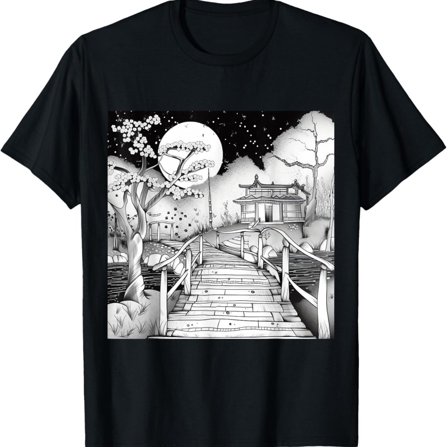 Nighttime romance Black and White Art Cherry blossom bridge T-Shirt S чёрный