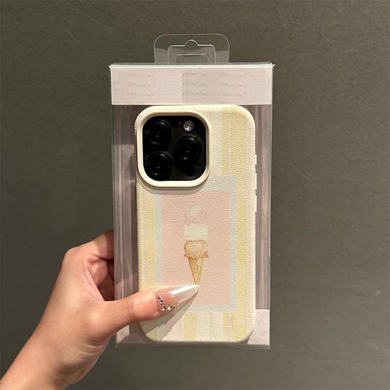 A Cute Striped Ice Cream Patterned Lychee-Textured Phone Case, Suitable for iPhone 17, 16, 15, Plus, Pro, Max Series Phones — Can Be Used As a Gift