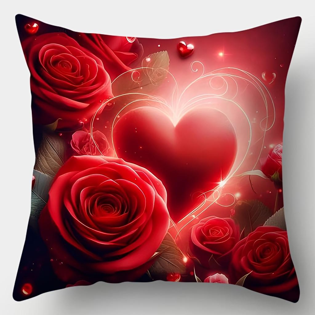 4-Pack Valentine'S Day Pillow Covers, Contemporary Love Rose and Heart Design, Inch, Red Floral Polyester Sofa Cushion Cases, Hand Wash, Zipper Closur