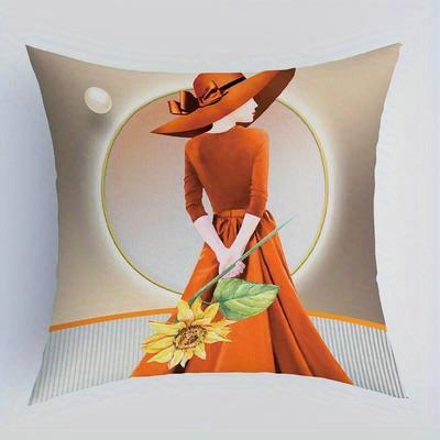 Short Plush Material Pillowcasehome Decor Fashionable Women With Hats And Flowers Cushion Pattern Cushion Cover Suitable For Sof
