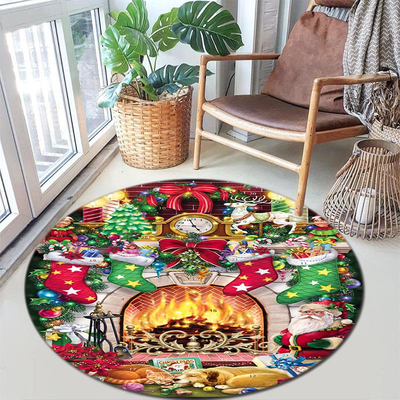 Cute Christmas Day Gift Bell Santa Claus Snowman Christmas Tree round rug Home Soft Decorative Anti slip Chair Mat Carpet Outdoor Floor Mat Carpet 109