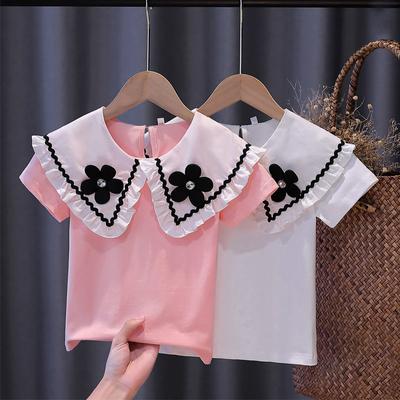 Summer Girls Short Sleeve White T-Shirt Cotton Teen Kids Lace Lapel Blouse Children School Clothes Tops