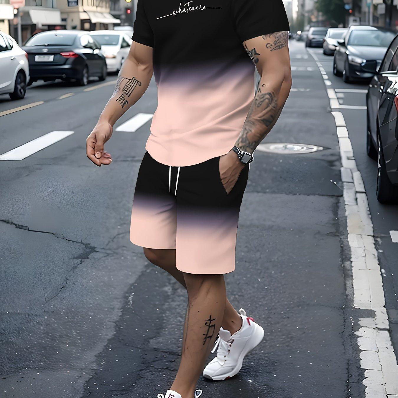 

Мужской комплект из двух предметов с градиентным летним принтом алфавита, мужская футболка с круглым вырезом с короткими рукавами и шорты на шнурке с карманами 6XL