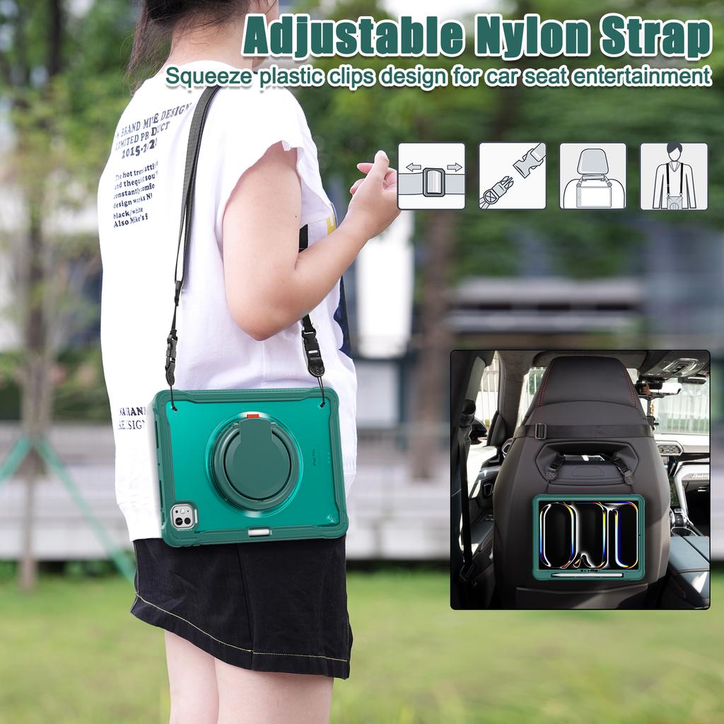 For iPad Pro 11 (2025)/11 (2024) Case Rotary Kickstand PC+TPU+Silicone Cover with Shoulder Strap