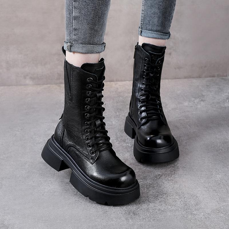 Cowhide Medium Boots Women's Genuine Leather Cotton Short Knight Boots Retro British Style Thick-soled Boots YR-YR1616