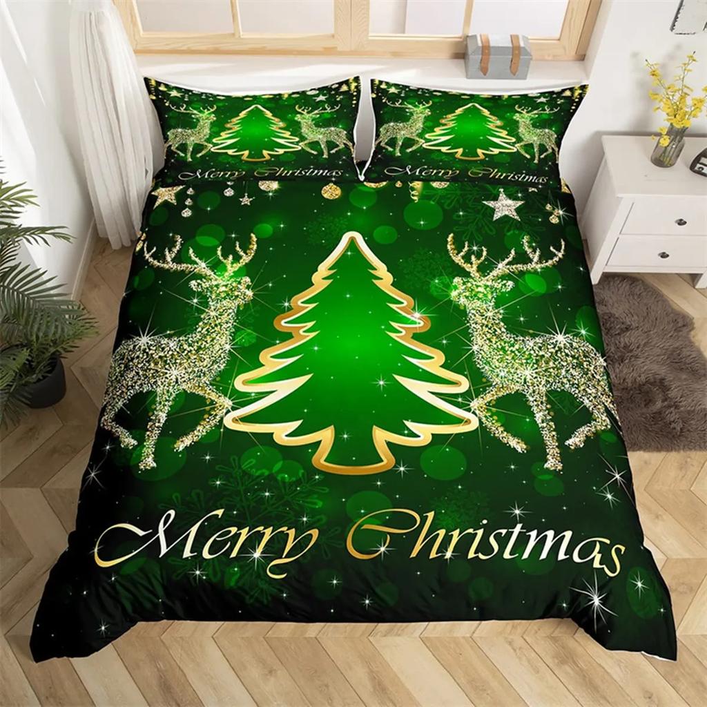 Merry Christmas Duvet Cover Happy New Year Microfiber Xmas Deer Elk Bedroom Decoration for Boys Girls Golden Bow Holiday Gifts
