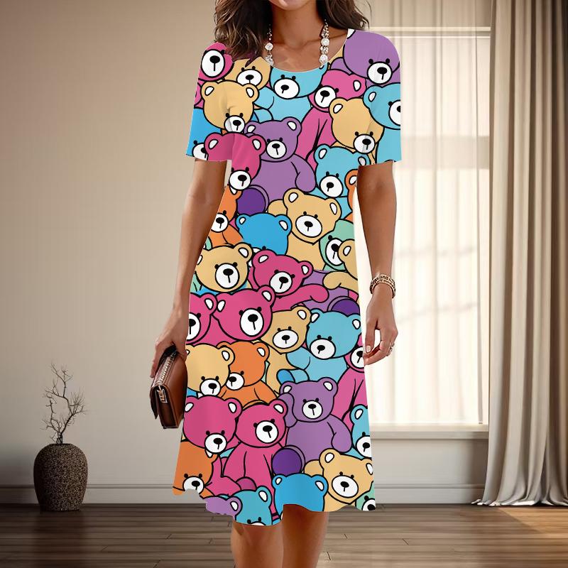 Women's Fashion Graceful Little Bear Print Summer Spring Short Sleeve O-Neck Casual Dresses