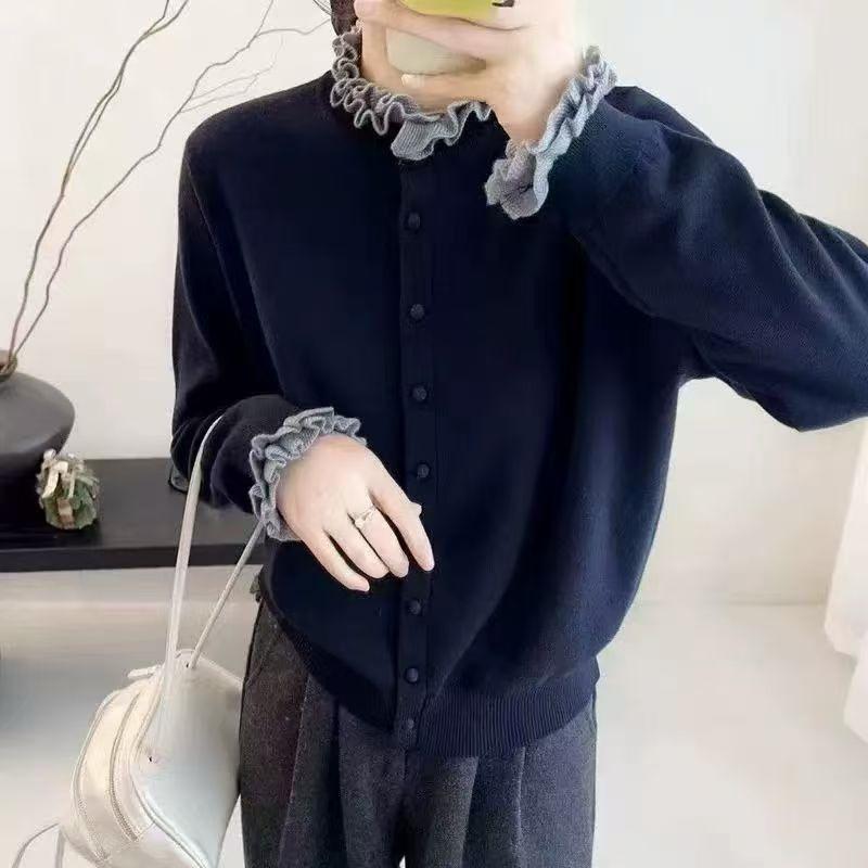 Fungus lace temperament knitted cardigan autumn and winter new lazy wind round neck contrasting sweater jacket top women