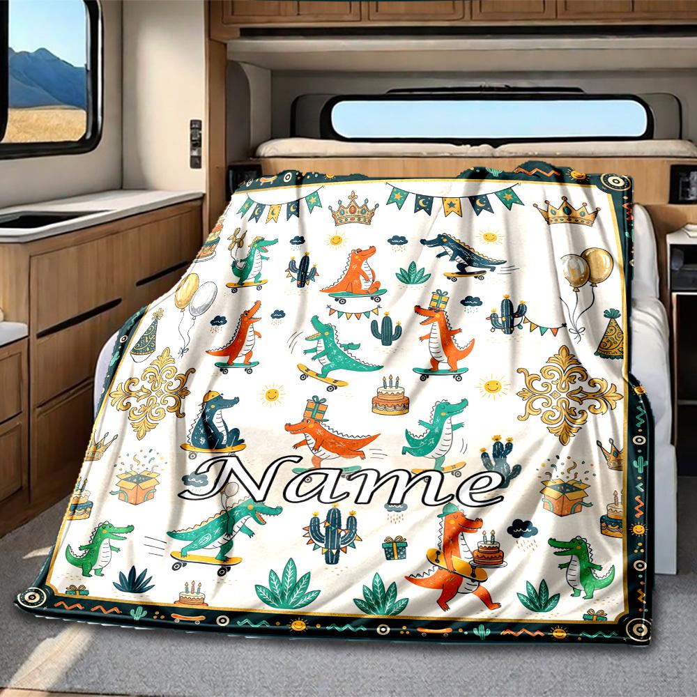 Cute Crocodile Party Rv Customize Your Name Blanket Comfortable Soft Lightweight Multiseasonal Blanket For Travel Camping Picnics Sofas Rvs Beds