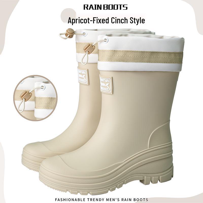 Women's Waterproof Velvet-Lined Mid-Calf Rain Boots: Drawstring, Wear-Resistant, Non-Slip Rubber for Cross-Border Fashion