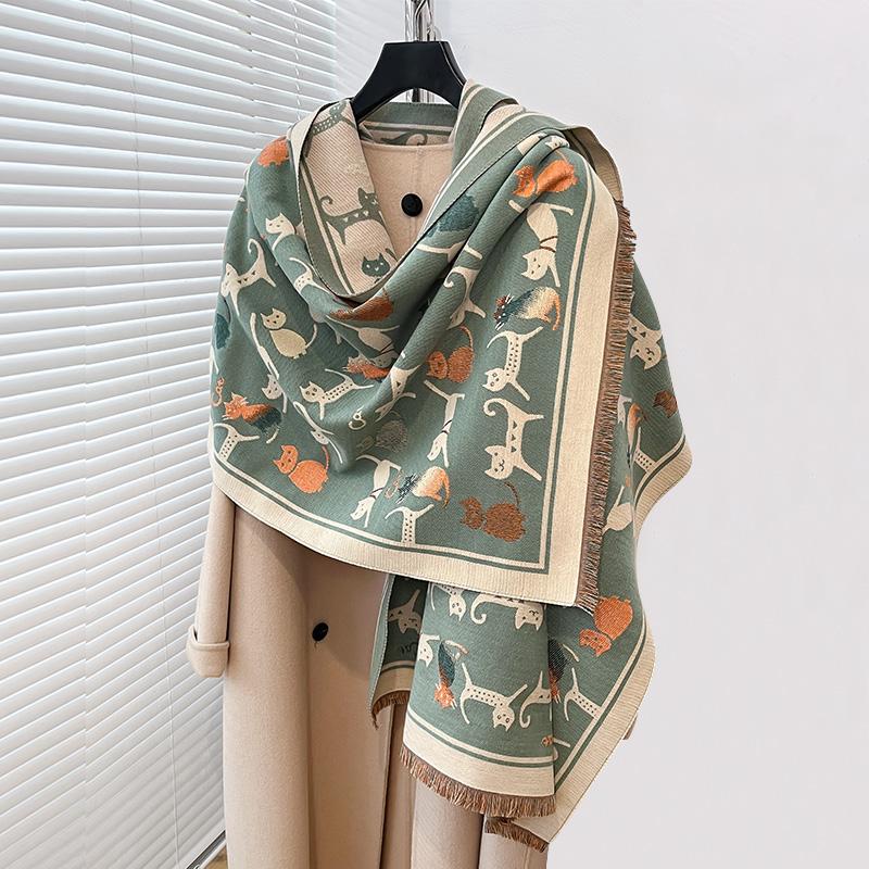 Autumn And Winter  Two-Sided Kitten Jacquard Imitation Cashmere Scarf Women Luxury Shawl Outdoor Soft And Comfortable