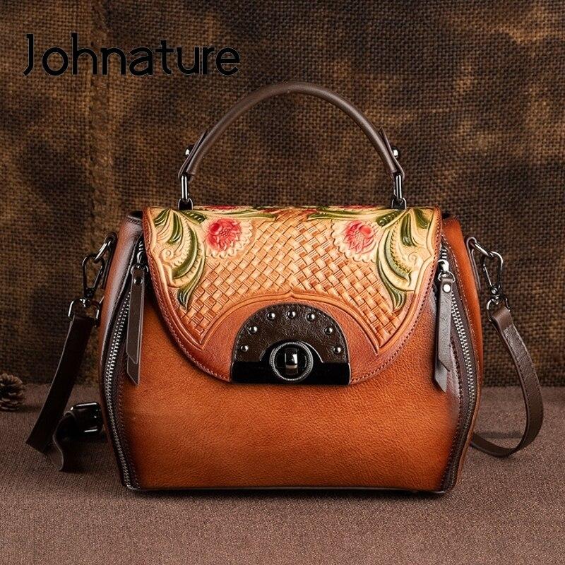 Johnature Retro preget førstelags kuskinn Dameveske Håndlaget Floral Hasp Handbag Fritid Skulder Messenger Bags