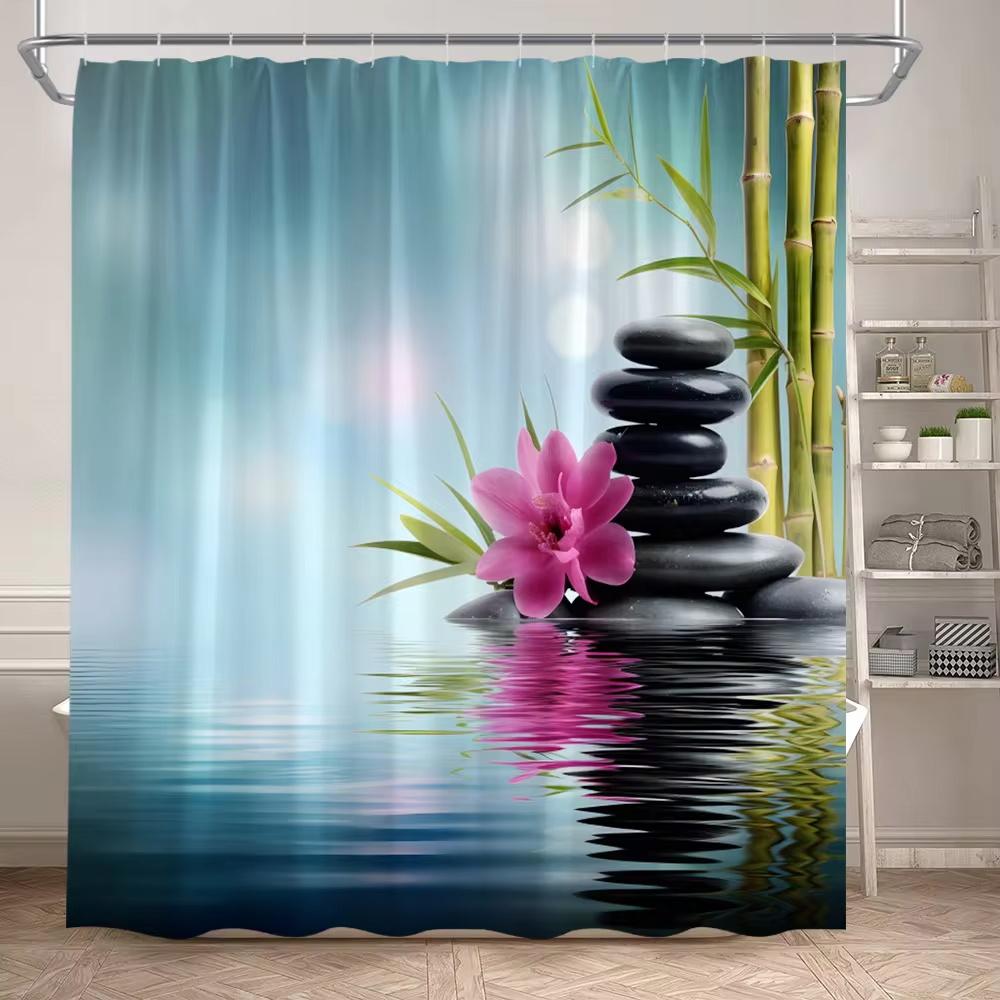Zen Shower Curtain Natural Flowers Butterfly Grey Stone Reflection Spa Scenery Home Bathroom Decor Polyester Fabric Bath Curtain