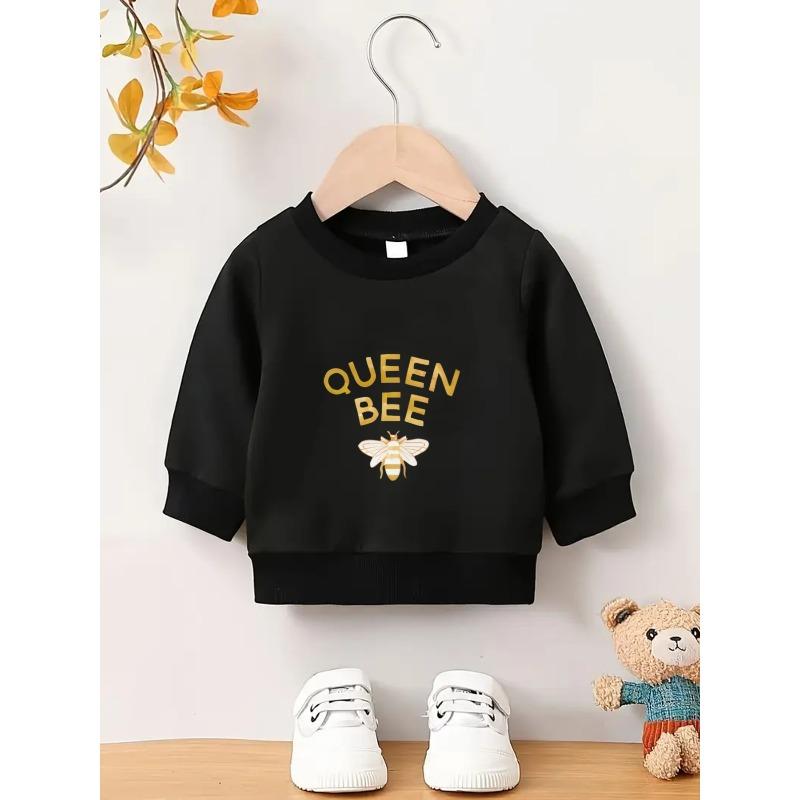 Kids Crewneck Sweatshirt, Cartoon Insect With "QUEEN BEE" Text Print, Spring Autumn Casual Tops