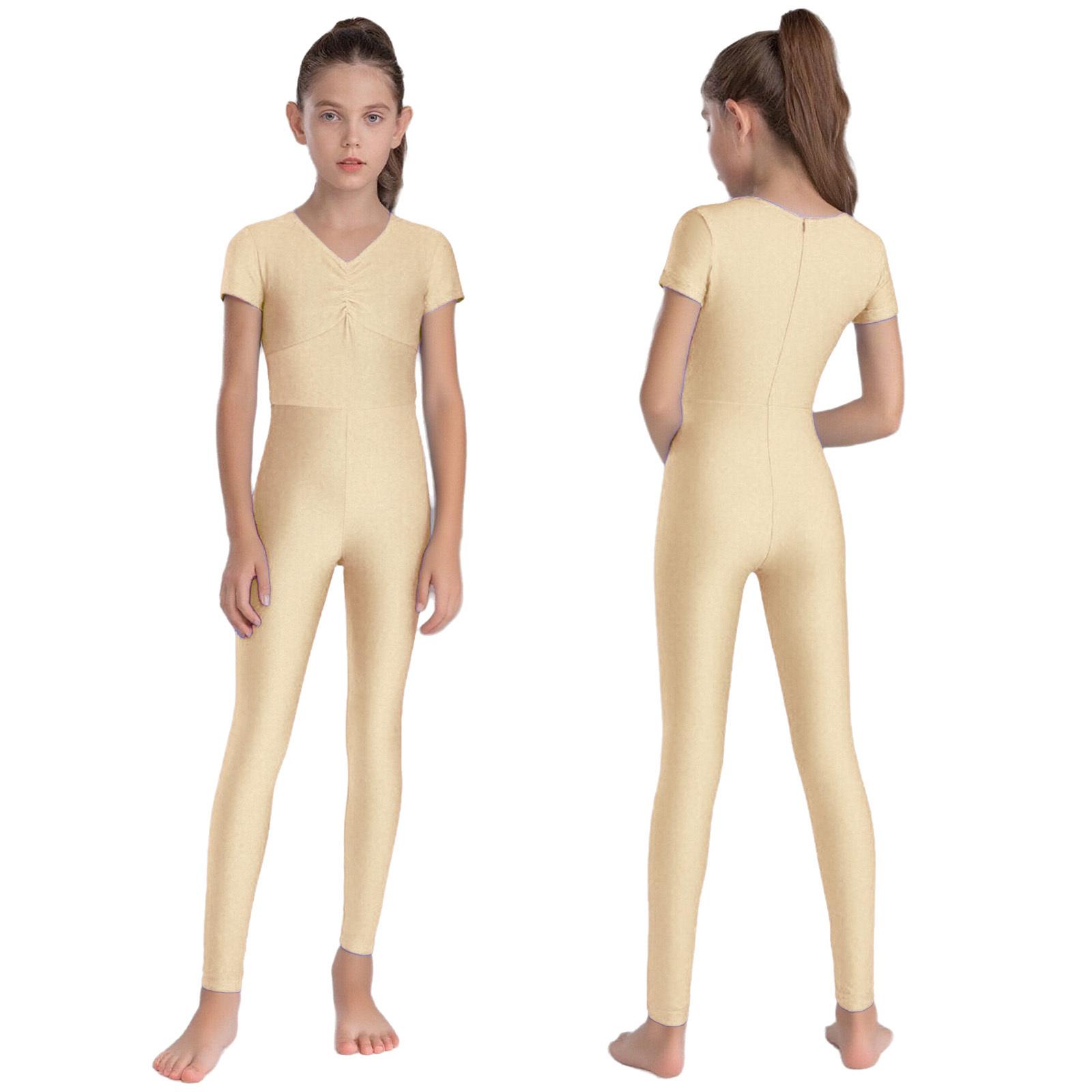 Tiaobug Meisjes Gymnastiek Dans Jumpsuit Gerimpelde Voorkant V-hals Korte Mouw Achterkant Onzichtbare Rits Kunstschaatsen Ballet Bodysuit 13-14 Years nude