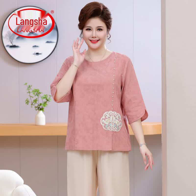 Langsha Plus Size Embroidered Cotton-Linen 3/4 Sleeve Top Set 8XL
