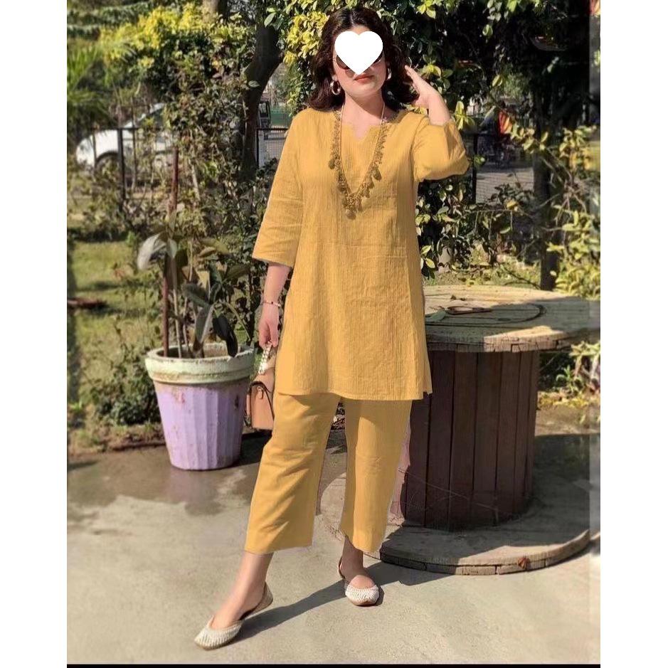 Southeast Asian Ethnic Mid-Sleeve Solid Color Sports Suit - Large Size Two-Piece Casual Set