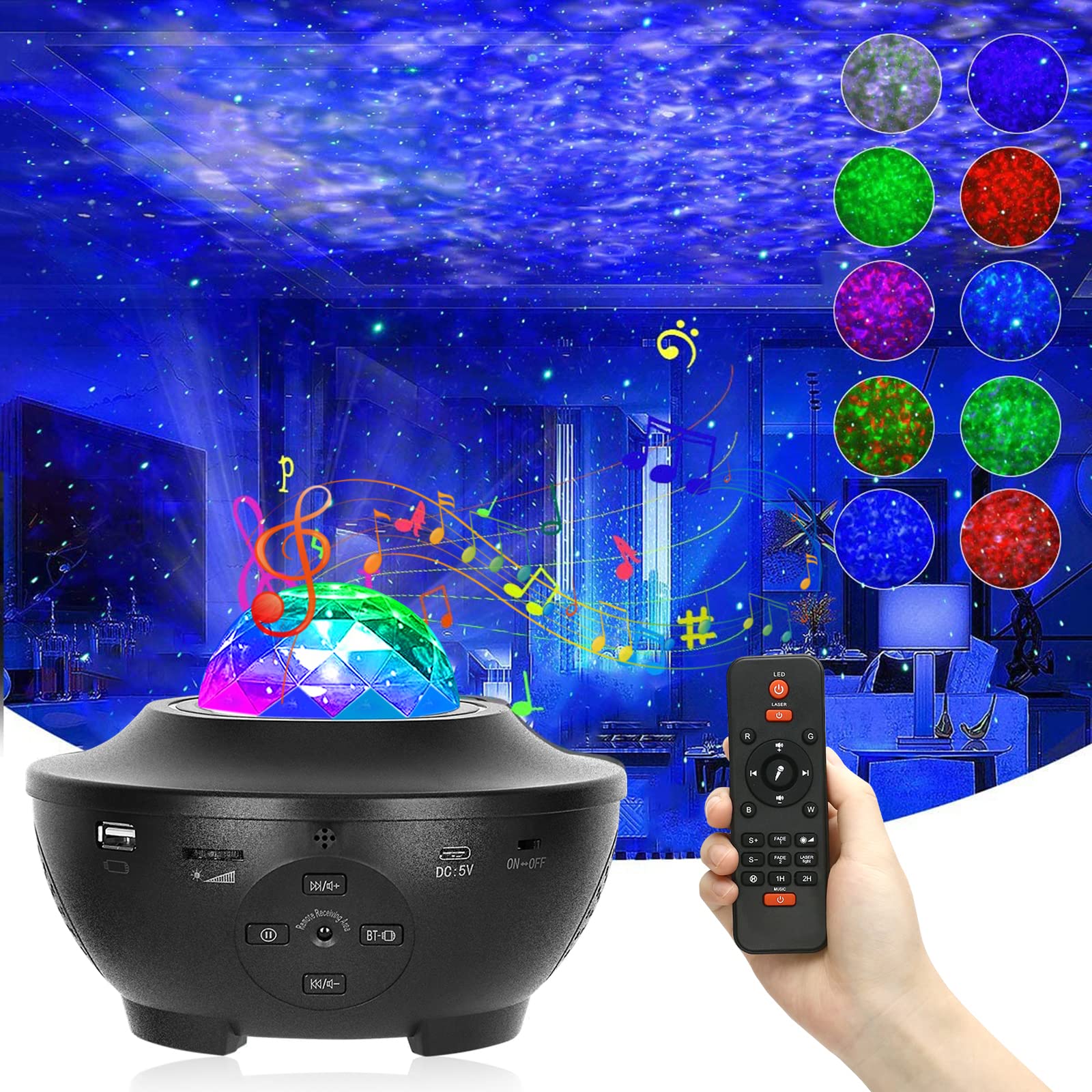 

Jusimy Star Projector Light with Music Playback, Home Planetarium, Bedside Lamp, BluetoothUSB Compatible, 10 Lighting Modes, Remote Control, Timer