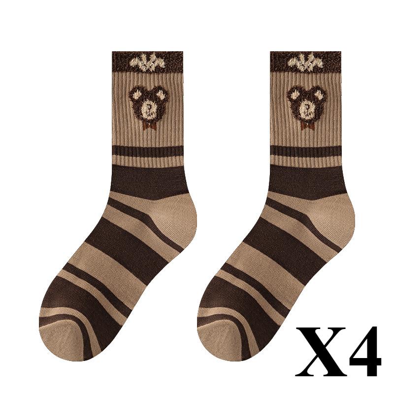 4 Pairs Autumn and Winter New Brown Maillard Socks Women's Light Luxury Style Ins Trendy Socks Love Bear Warm Raw Edge