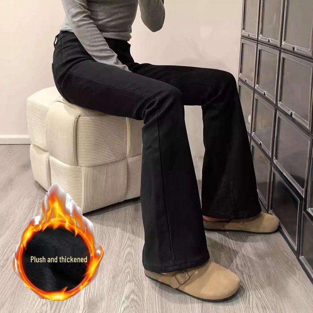 Women's Black Micro-Flare Jeans: Plus Velvet, Thickened, Elastic, Plus Size, High Waist, Slimming, for Autumn and Winter.