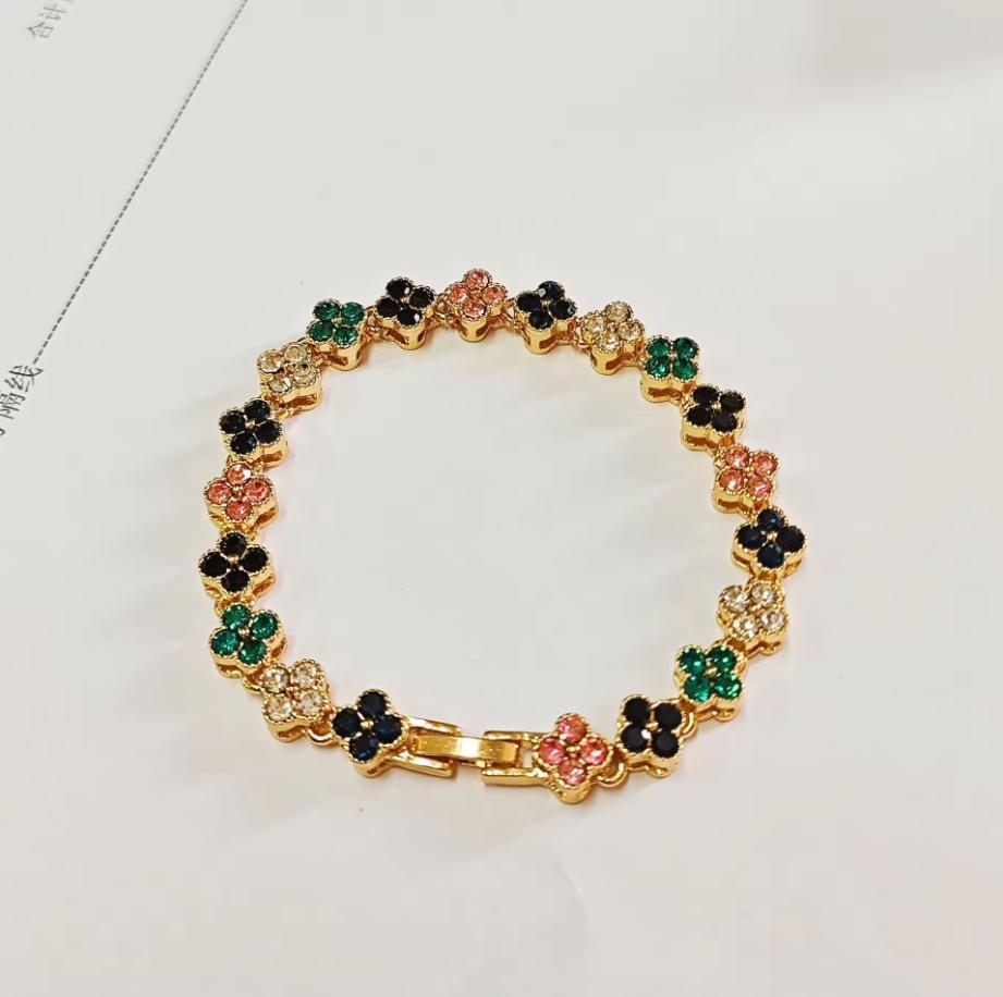 XF Multicolor Four-leaf Clover Bracelet Rainbow Tennis Bracelet Chic Alloy Bangle Luxurious Fashion Jewelry for Women
