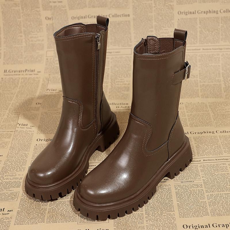 Platformové dámské sněhule do půli lýtka na středním podpatku, značkové kožené boty, zimní módní robustní Chelsea boty, trendy goth obuv