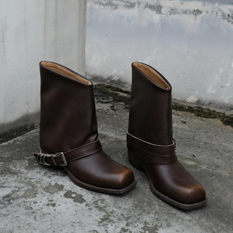 Fashion Retro Metal Decoration Buckle Strap Women Boots Crude Heel Square Toe Ladies Short Boots Street Style Hand-made