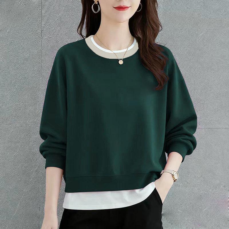 Spring and Autumn New Women's Round Neck Sweatshirts Loose Design Niche Fake Two-Piece Tops