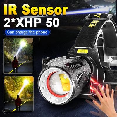 Nyaste XHP50 LED-sensor pannlampa vitt och varmt ljus Kraftfull huvud ficklampa 3 lägen drivs av 18650 Batterianvändning för fiske