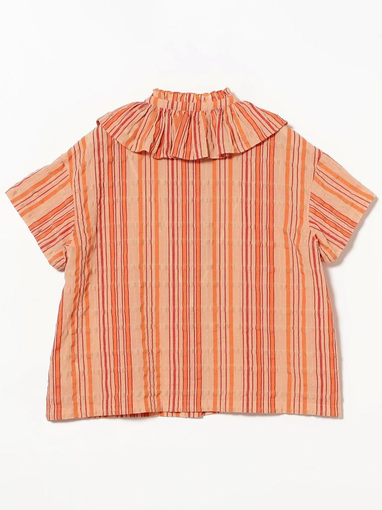 Beams Boy Women's Striped Ruffle Short Sleeve S/S Shirt, Pink Free