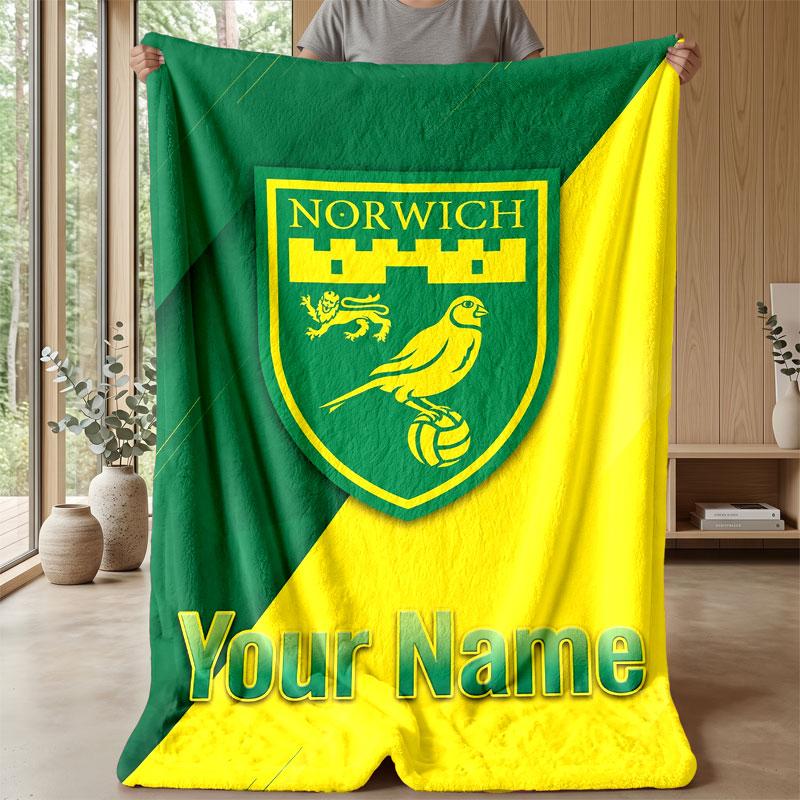 Norwich City Benutzerdefinierter Name Text Flanelldecke Fußball Logo Personalisierte Fleece-Kuscheldecke Besonderes Geschenk für Sofa Schlafzimmer Zuhause