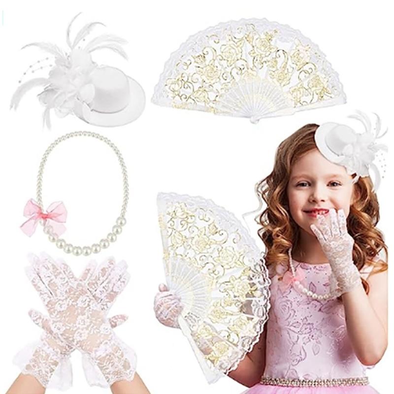 

Набір аксесуарів для чайної вечірки в стилі вінтаж, 4 предмети (капелюшок, мереживні рукавички, намисто з імітації перлів), 20-ті 50-ті роки, для дівчинки білий