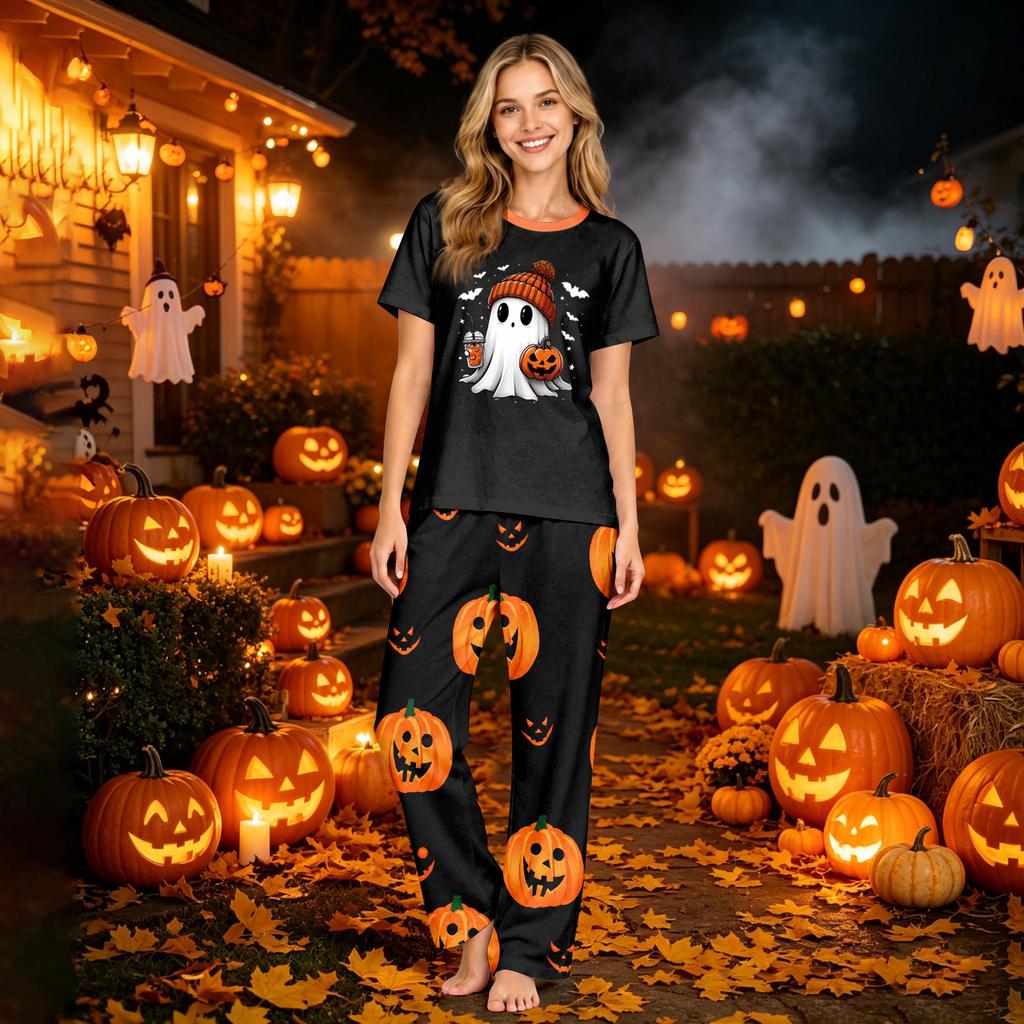 Family Matching Halloween Printed Cotton Loungewear Set with Short Sleeve Top and Pants for Women and Kids
