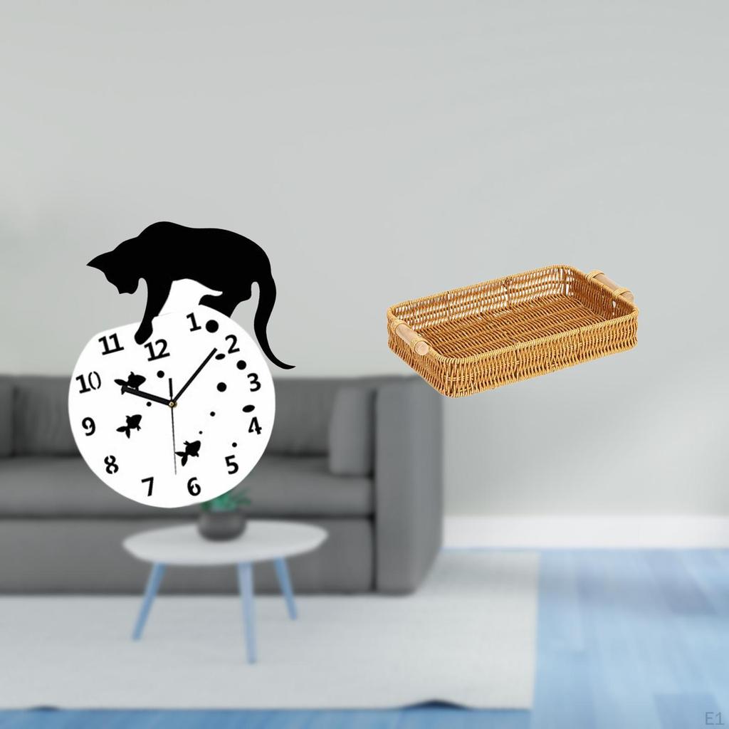 Silent Woven Hanging Cat Clock with Fruit Basket Design Quiet Analog Movement for Living Room Dining