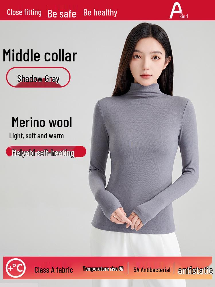 Autumn/Winter Wool Long-Sleeve Velvet Cotton Mid-Neck Women's Fashion Top