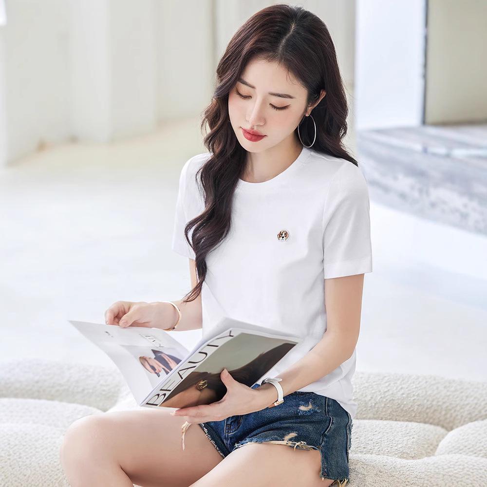 

Korean Style Crew Neck Embroidered Dog Head Short-Sleeve Cotton T-Shirt Medium