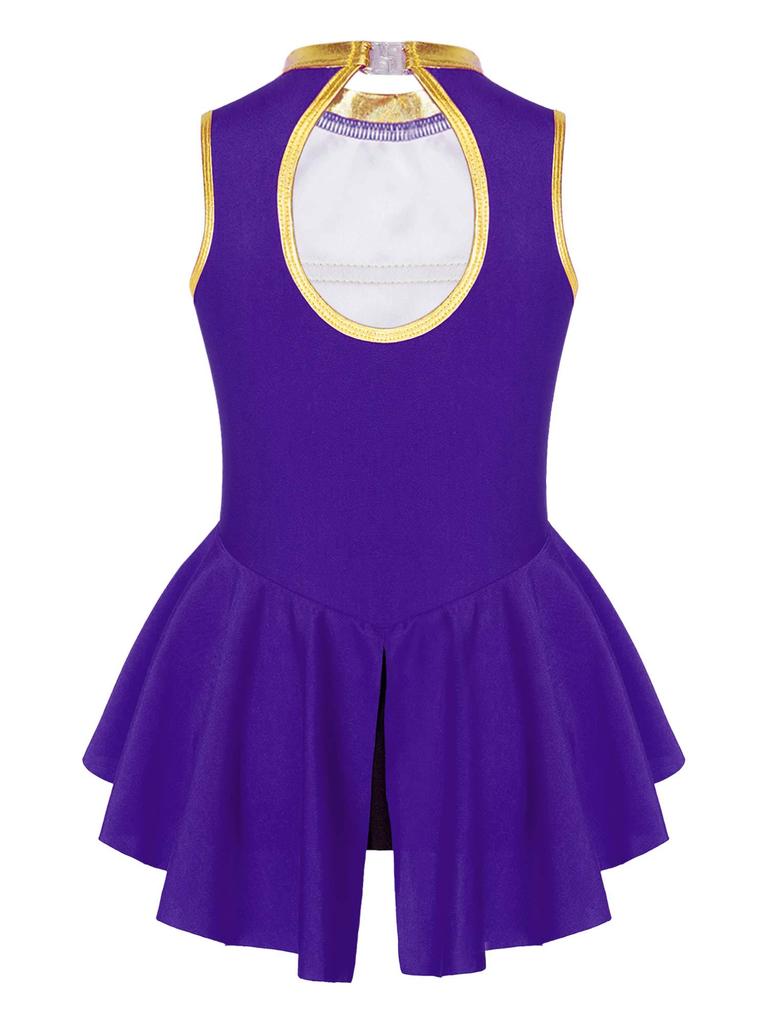 Girls Flag Raiser Performance Costume: Round Neck Cutout Back Sleeveless Leotard & Matching Feather Hat for Cosplay Dress Up