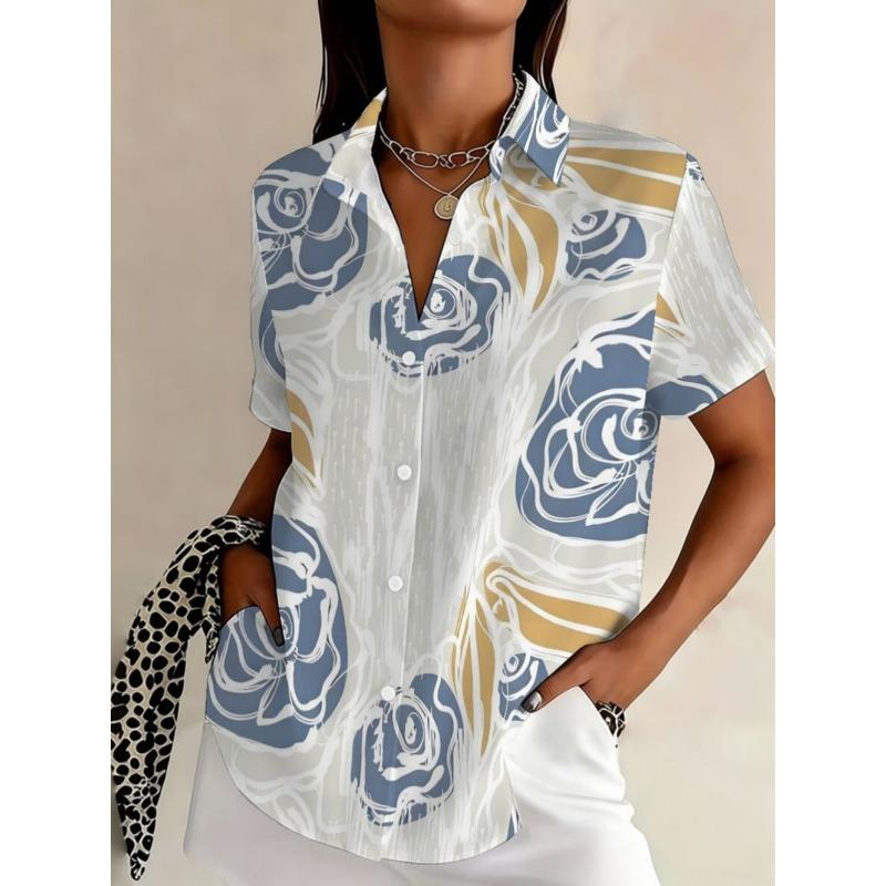 Women's Cute Doodle Floral Print Button Down Shirt, Casual Collared Tops for Spring Summer Daily Vacation Wear