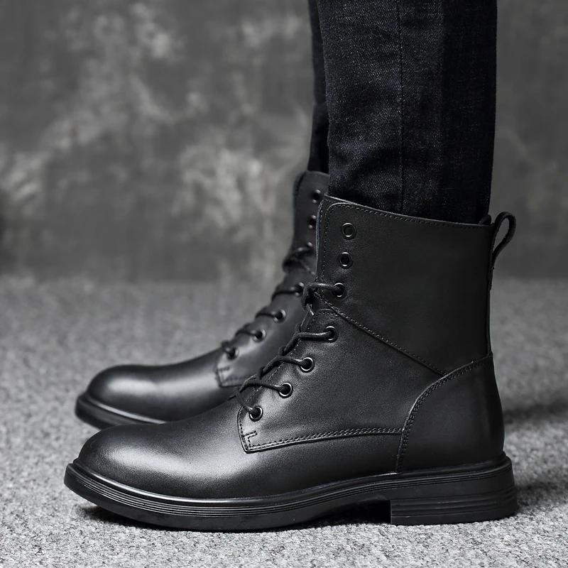 Fashion Genuine Leather Boots Mens High Quality Non-Slip Hiking Boot For Men Black Sewing Boots Men Shoes Plus Size 36-50