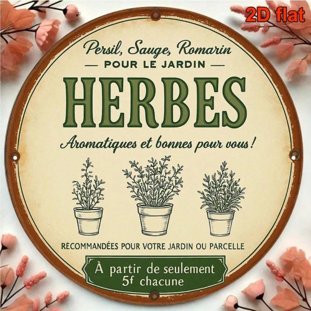 Vintage French Country Herb Tin Sign Round Tarragon Chamomile Marjoram Rustic Kitchen Farmhouse Wall Decor