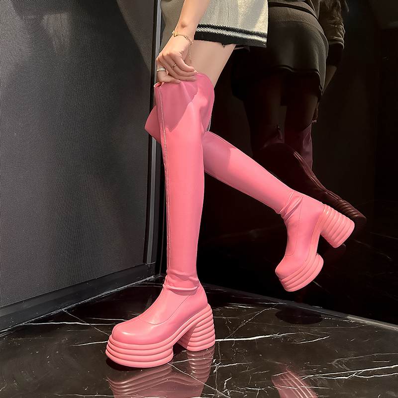 Krazing Pot Chaussures en cuir microfibre pour femme, bottes imperméables à bout rond, talons hauts épais, fermeture éclair sur le devant, automne et hiver