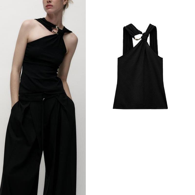 Fall and Winter New Women's Clothing French Design Sleeveless Halter Gold Inlay and Bow Tie Tops 4938106