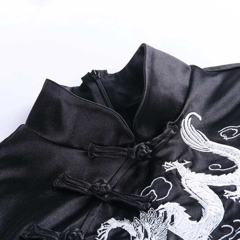2025 New Collection Vintage Dark Gothic Chinese Knot Buttons Short Sleeve Dress Chinese Style High Waist Split Dragon Print Slim Cheongsam