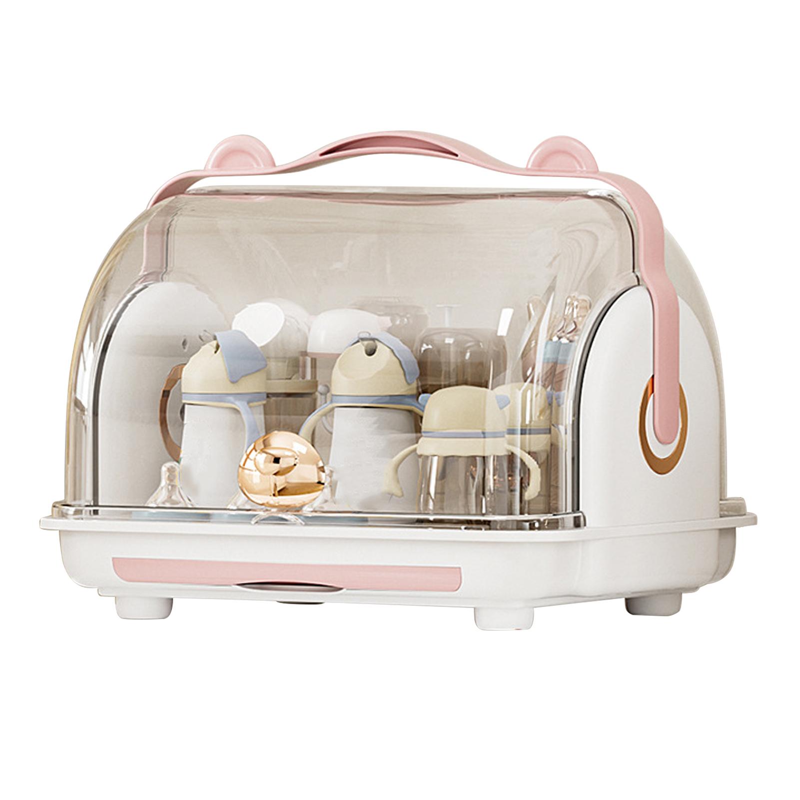 

Baby Bottle Storage Box with Lid Dustproof Drying Rack Plastic Cabinet Organizer for Toddler рожевий