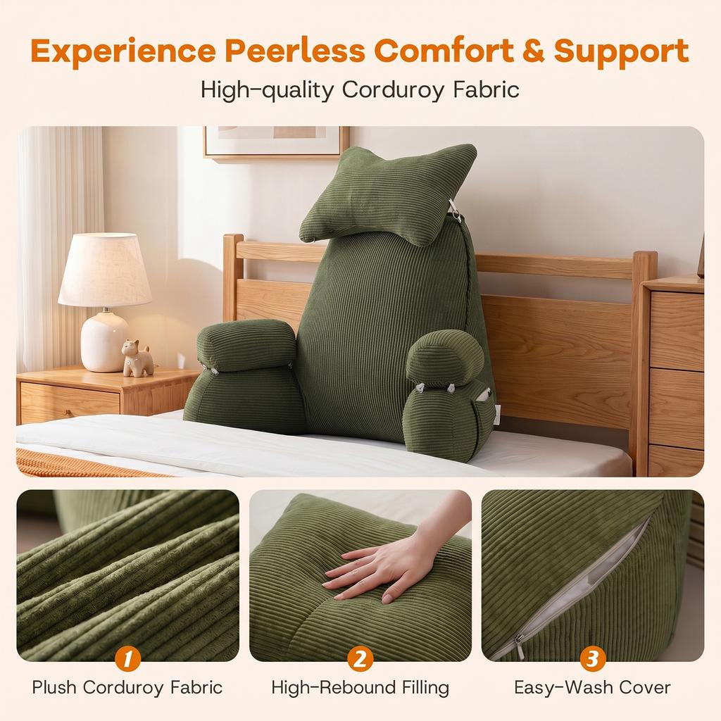 Reading Pillow for Sitting in Bed with Armrests and Pockets