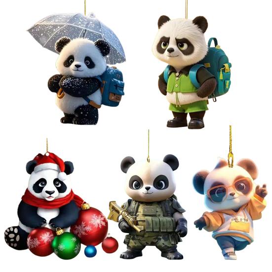 Panda Christmas Ornament 2D Acrylic Cartoon Panda Christmas Tree Hanging Ornament Cute Car Interior Accessories for Car Rear View Mirror Xmas