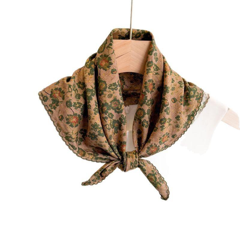 Spring Summer Retro Small Flower Scarf Fashionable Cotton Linen Square Artistic Versatile Women's Neck Protector Hair Strap