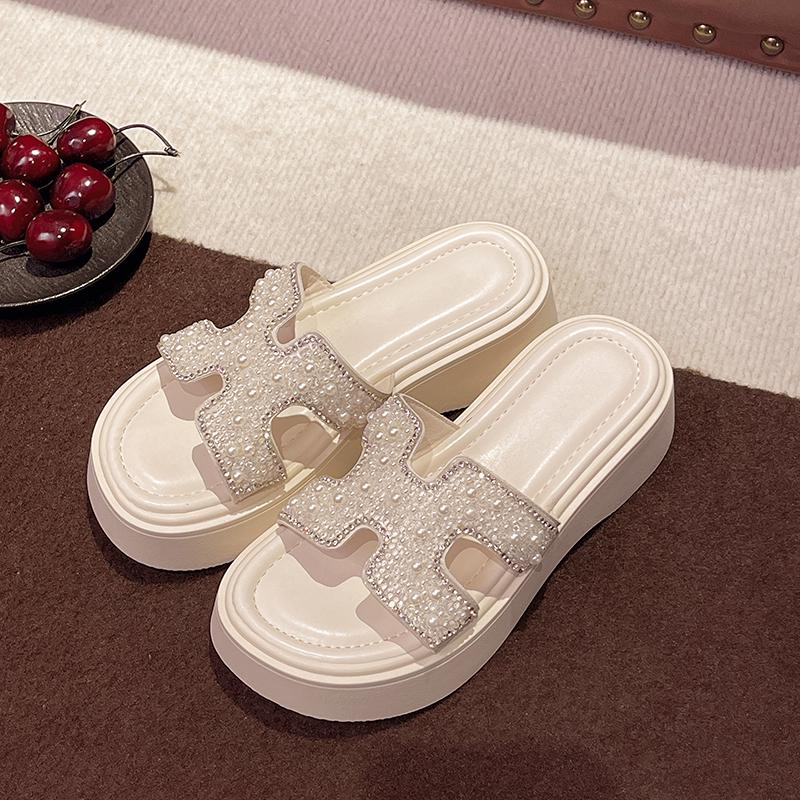 Women's Summer 2025 Silver Rhinestone One-Strap Thick-Soled Height-Increasing Cool Sandals with Medium Heel