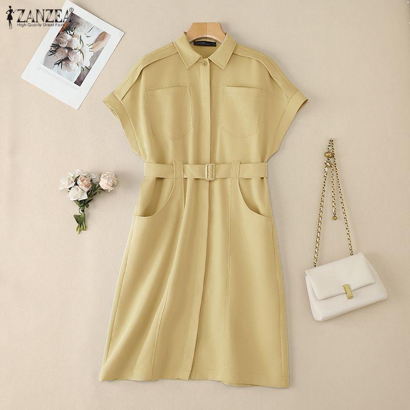 ZANZEA Women Turn Down Collar Loose Casual Short Sleeve Shirt Dress