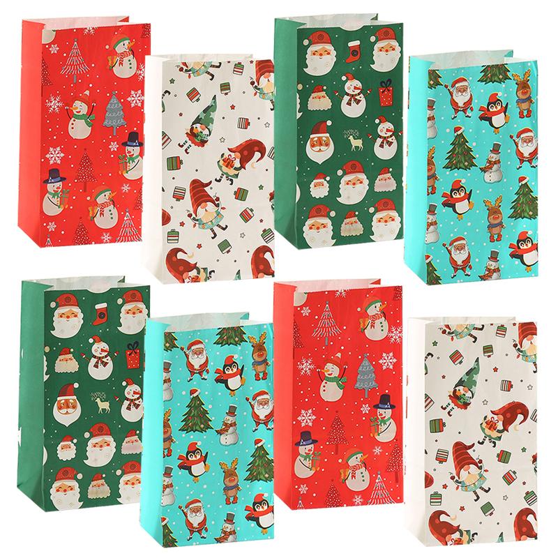 8pcs Christmas cartoon pattern kraft paper bags Christmas cookies snacks gift packaging bags New Year party decorations
